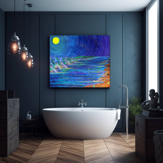 Cosmic Promenade- Starry Night River Walk Wall Art on Large Canvas - Canvas - JumpingDots