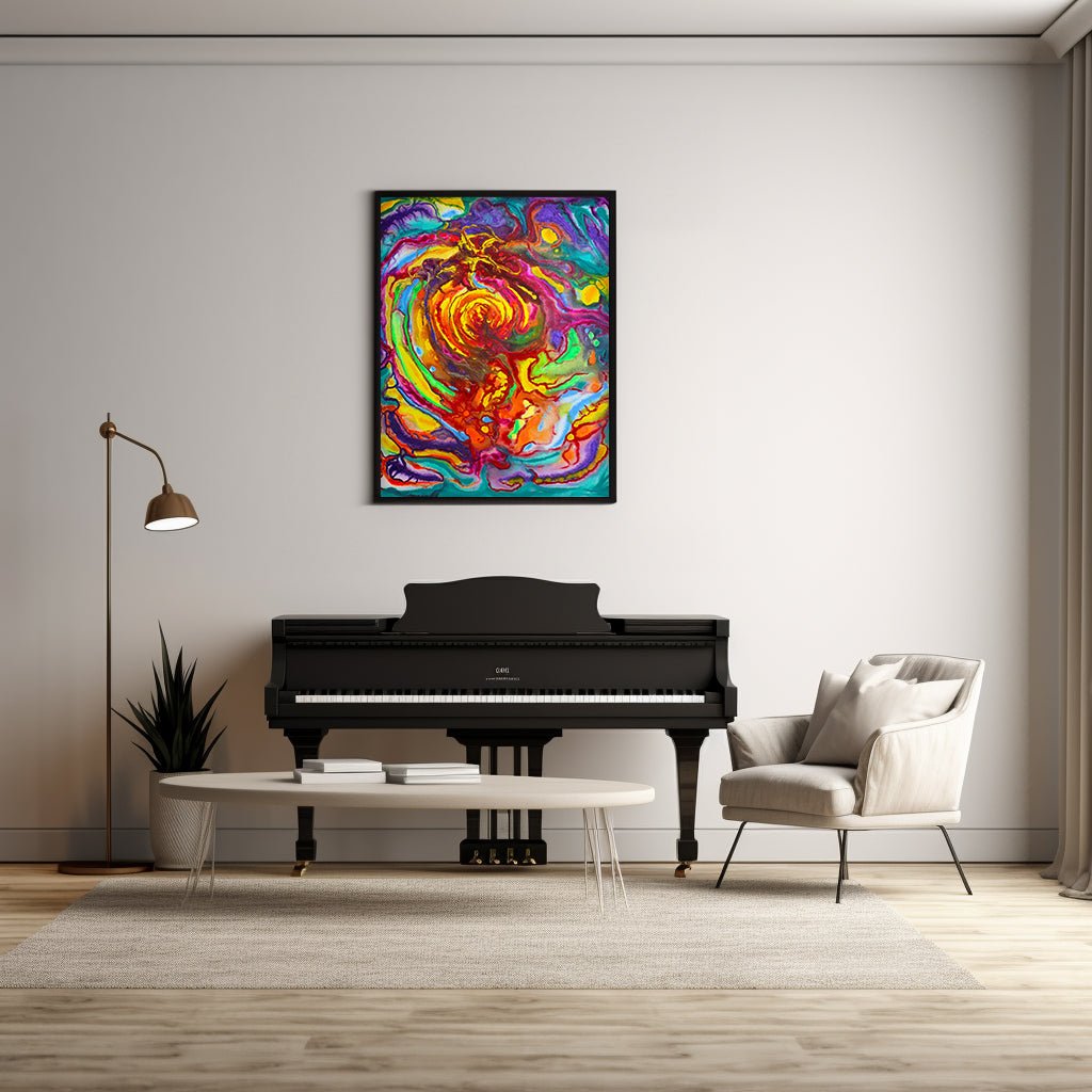 A Colorful Journey through the Solar System on Canvas hanging above piano